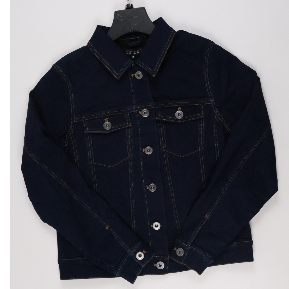 SUNDAY Denim Trucker Jacket Dark Indigo Blue Solid Medium NWT